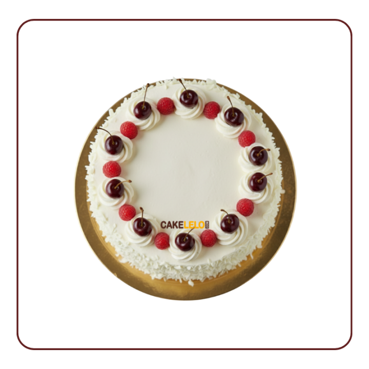 Order White Forest Cake from Cakelelo Ambaji — moist vanilla layers, whipped cream & cherry toppings. Freshly baked and perfect