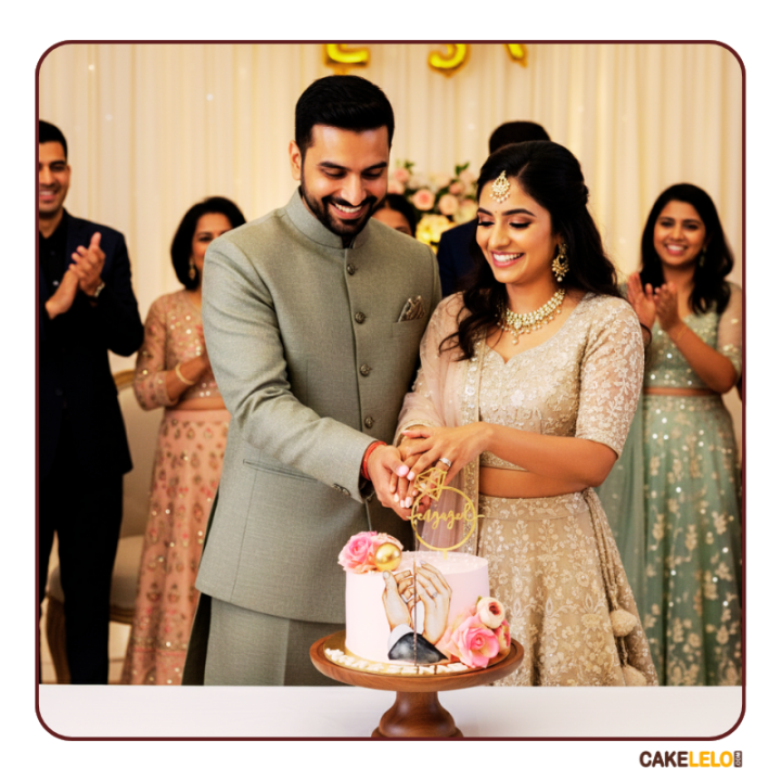 Perfect Pair engagement cake with dual-flavor design and romantic topper, available for custom order in Kudasan Gandhinagar.