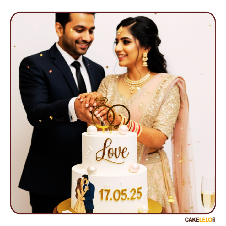 Promise Ring Delight engagement cake with ring topper and pastel frosting, custom made for celebrations in Kudasan Gandhinagar.