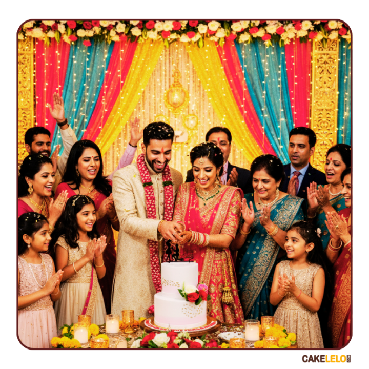 Romantic Rose Cake with red floral piping and elegant frosting, best wedding cake delivery in Kudasan Gandhinagar.