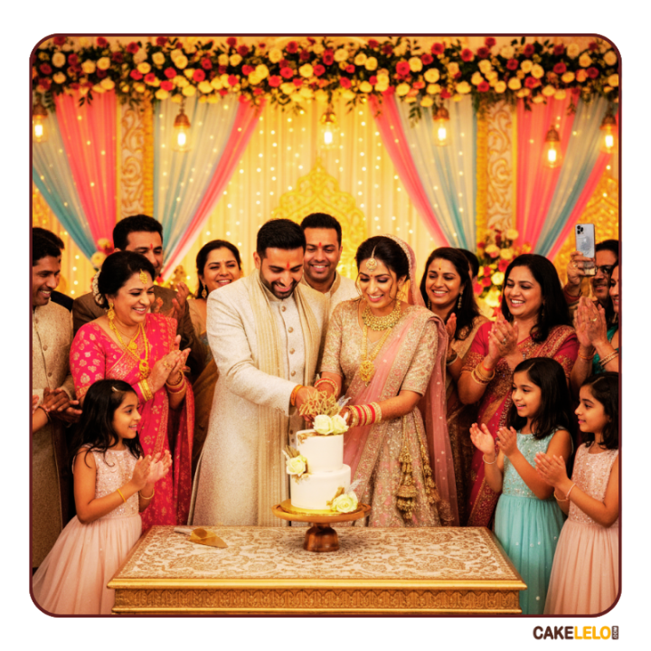 Simply Us Cake – minimal white two-tier wedding cake with delicate flowers for intimate ceremonies in Kudasan, Gandhinagar.