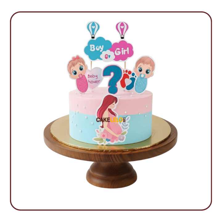 First Cradle Cake for gender reveal in Kudasan Gandhinagar, featuring pregnant mom silhouette topper, edible boy/girl figures