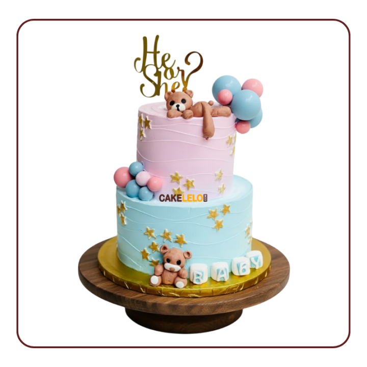 pastel pink and blue, featuring a sleeping teddy bear, fluffy clouds, gold stars, and a "He or She?" topper.