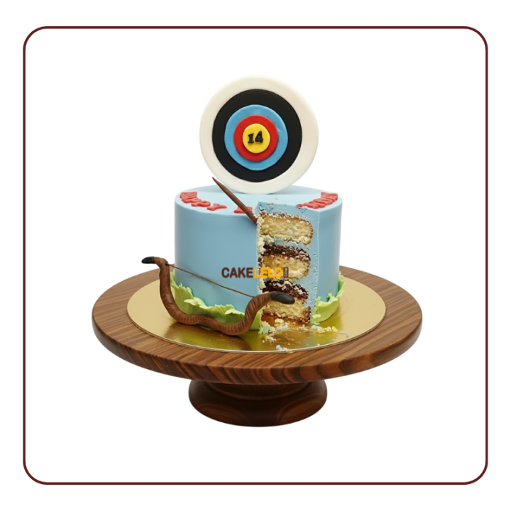 Custom Archery Sport Cake  fondant target board topper, bow and arrow detailing, and blue frosting by Cake Lelo, Kudasan.
