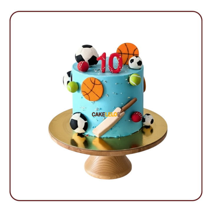 Custom Athlete Cake  Kudasan, featuring edible cricket bat, basketball, football, and tennis ball toppers.