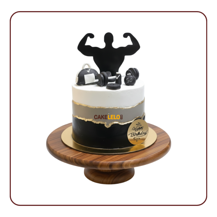 Workout Victory Cake , featuring black, white, bodybuilder silhouette, fondant gym bag, shaker bottle, and dumbbell toppers.