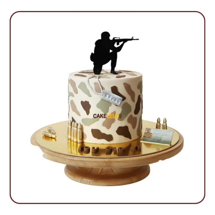 featuring camouflage pattern fondant, black soldier silhouette topper, silver dog tags, and gold 3D fondant bullets.